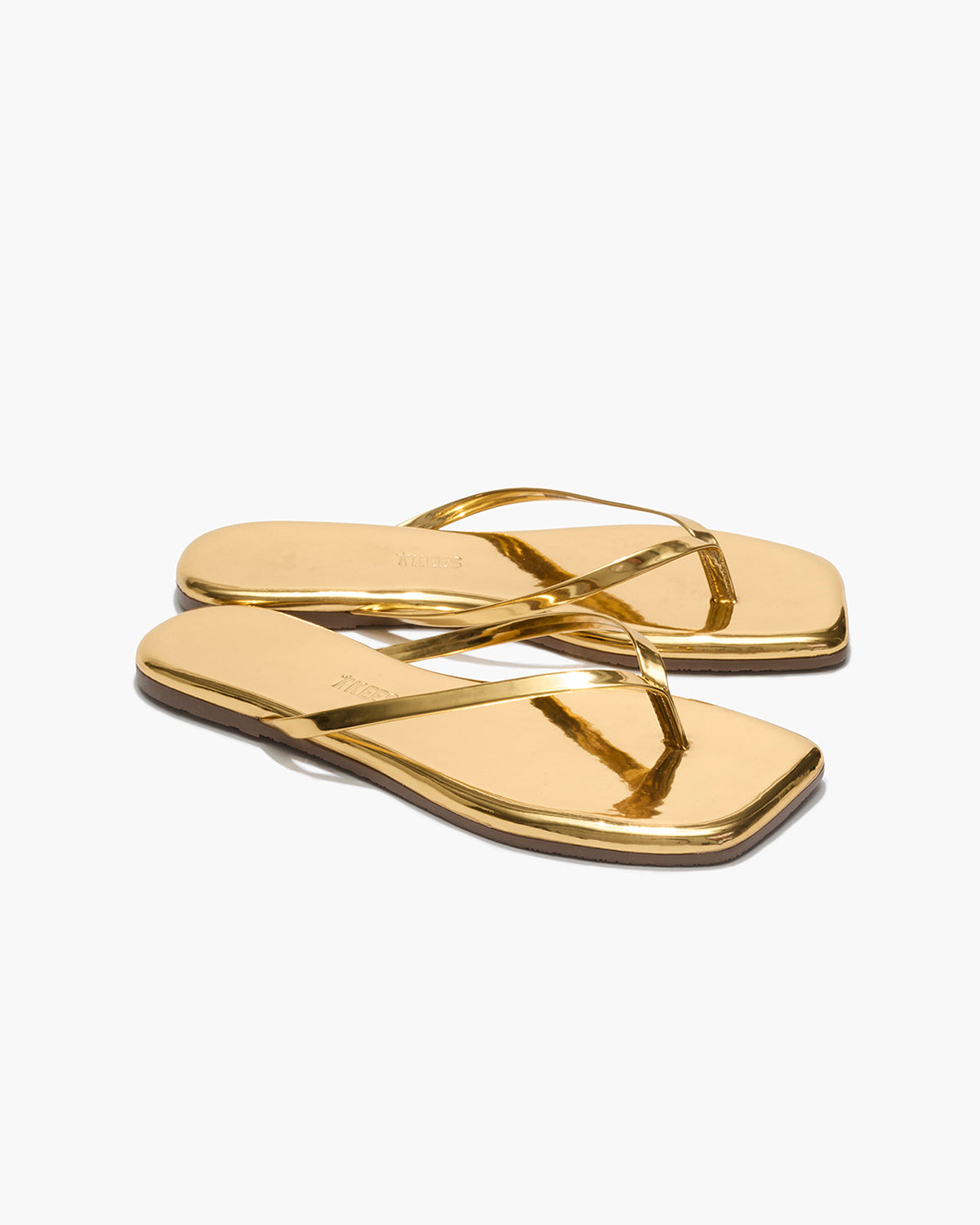 TKEES Square Toe Lily Mirror Leather Flip Flops in Gold