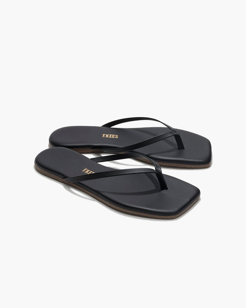 TKEES Square Toe Lily Leather Flip Flops in Black
