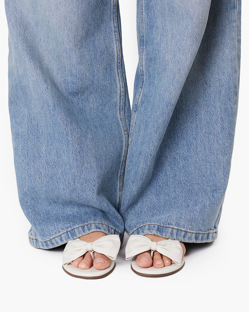 TKEES Lily Oversized Bow Leather Flip Flops in Cream