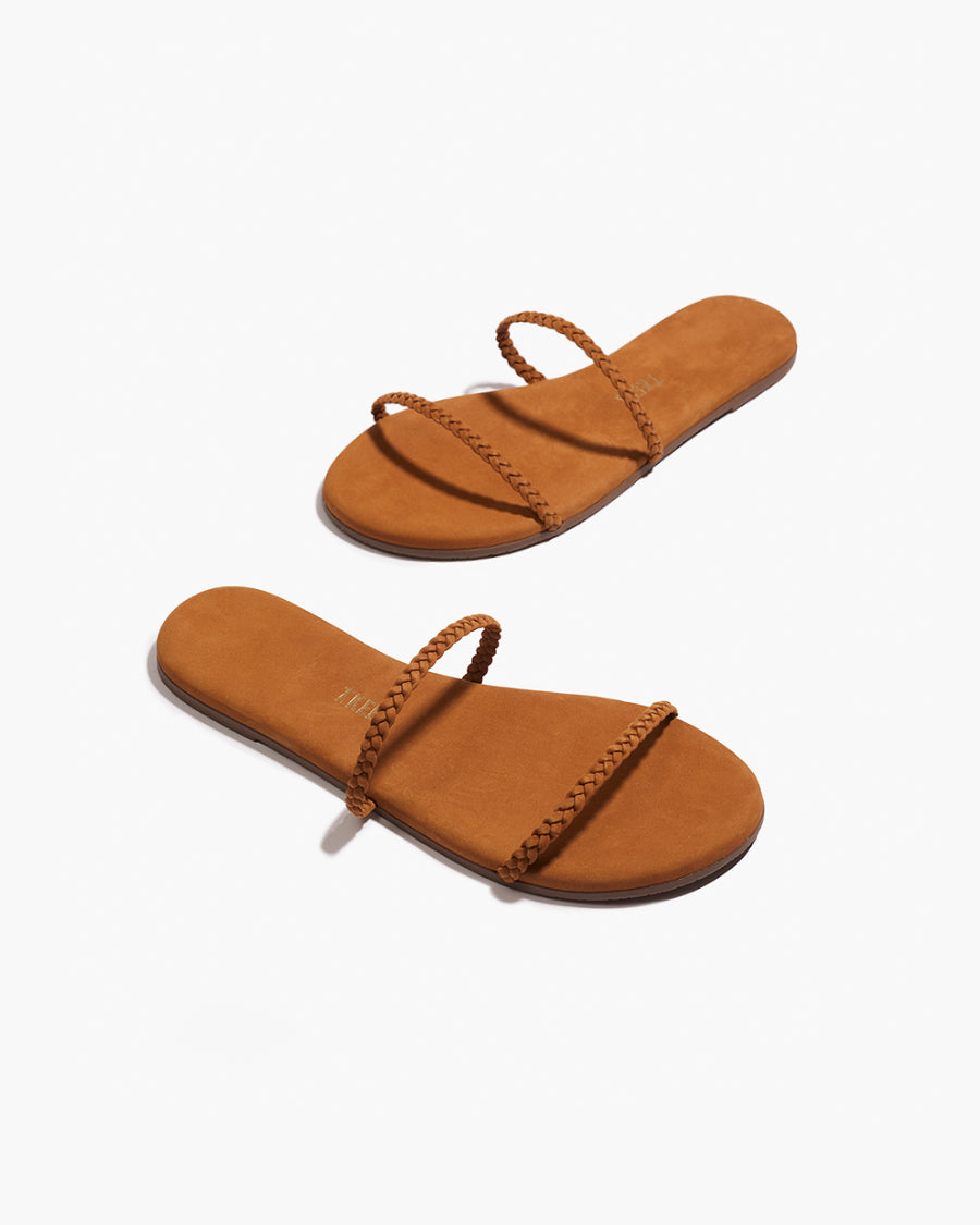 TKEES Gemma Braid Leather Sandals in Camel